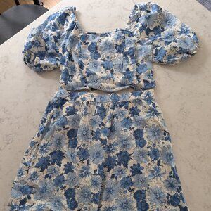 Lucky Brand Two Piece Skirt Cropped Top Set Blue Floral Linen